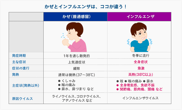 かぜとインフルエンザは、ココが違う！ かぜ(普通感冒) インフルエンザ 発症時期 かぜ:1年を通じ散発的 インフルエンザ:冬季に流行 主な症状 かぜ:上気道症状 インフルエンザ:全身症状 症状の進行 かぜ:緩除 インフルエンザ:急激 発熱 かぜ:通常は微熱(37~38℃) インフルエンザ:高熱(38℃以上) 主症状(発熱以外) かぜ:くしゃみ、喉の痛み、鼻水・鼻づまり など インフルエンザ:咳、喉の痛み、鼻水、全身倦怠感・食欲不振、関節痛・筋肉痛・頭痛 など 原因ウイルス かぜ:ライノウイルス、コロナウイルス、アデノウイルス など インフルエンザ:インフルエンザウイルス