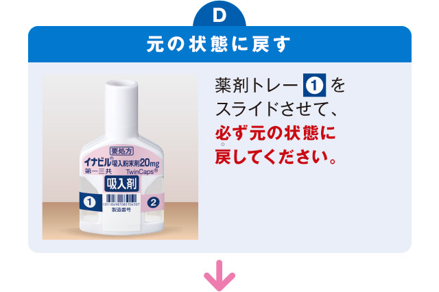 D 元の状態に戻す:薬剤トレー(1)をスライドさせて、必ず元の状態に戻してください。