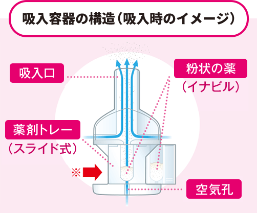 吸入容器の構造(吸入時のイメージ) 上部:吸入口 中部:薬剤トレー(スライド式) 薬剤トレー内:粉状の薬(イナビル) 下部:空気孔