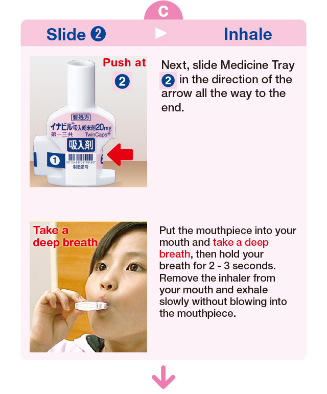 Next, slide Medicine Tray (2) in the direction of the arrow all the way to the end. Put the mouthpiece into your mouth and take a deep breath, then hold your breath for 2 - 3 seconds. Exhale slowly without blowing into the mouthpiece.